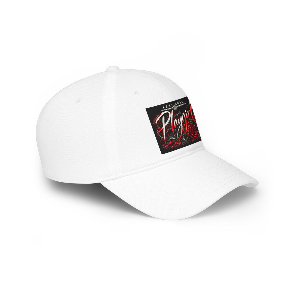 Playgirl Red Baseball Cap — Low Profile Hat with Rose Graphic