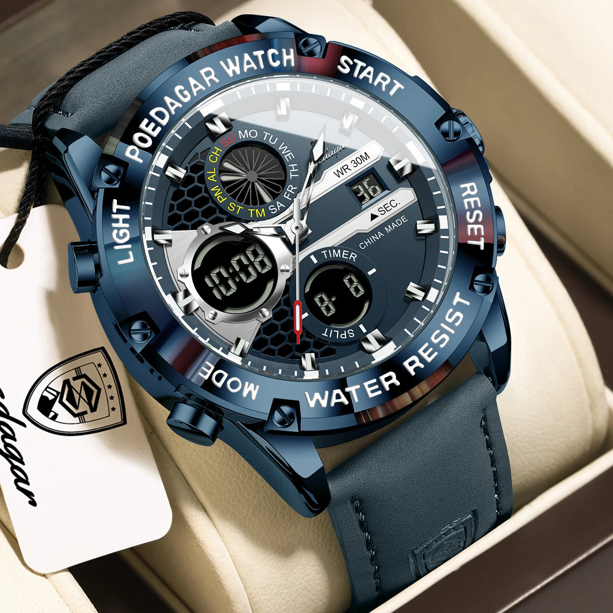 Men's Dual Time Display Digital Quartz Watch – Waterproof Leather Sport Wristwatch