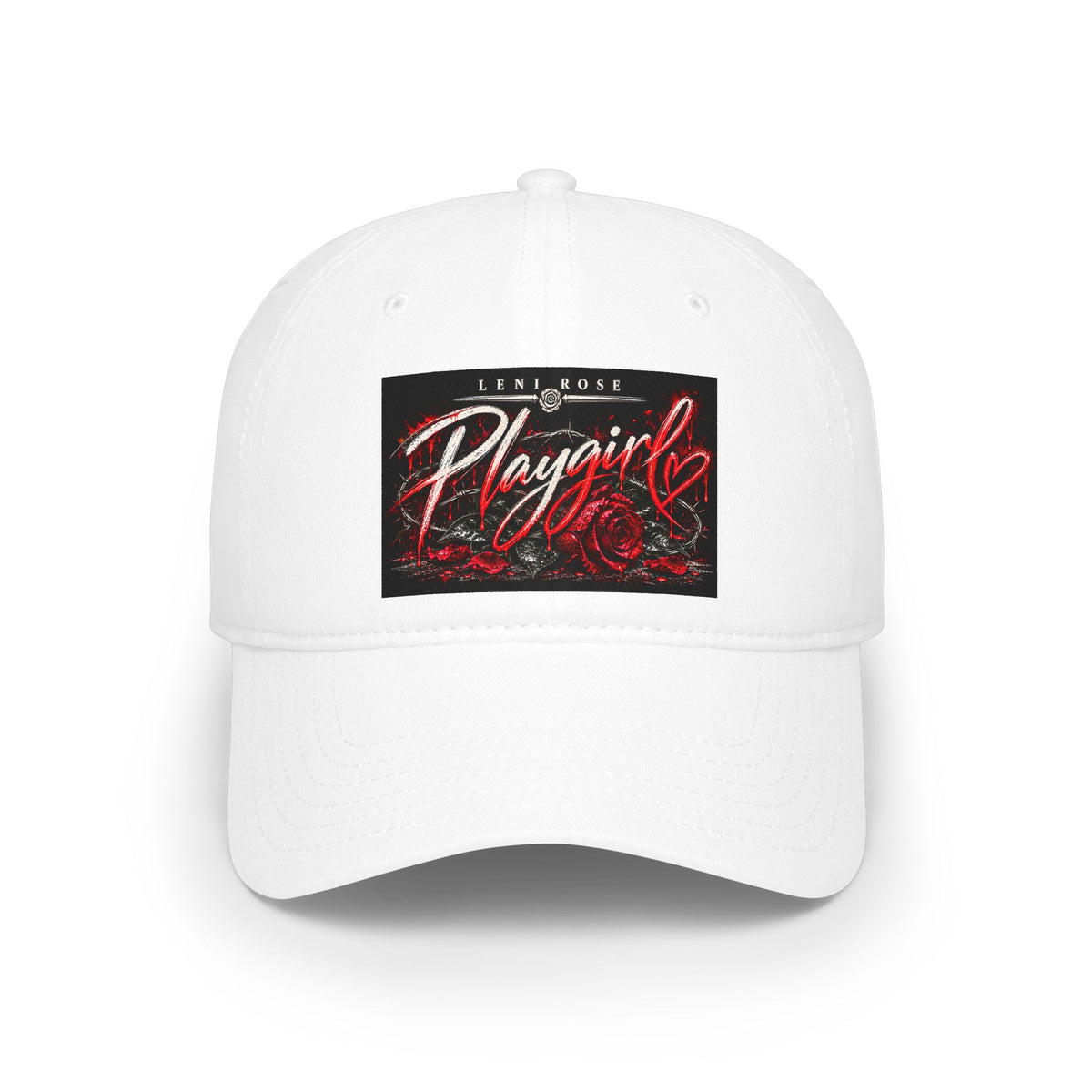 Playgirl Red Baseball Cap — Low Profile Hat with Rose Graphic