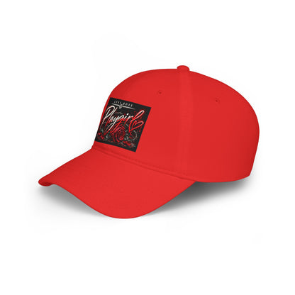 Playgirl Red Baseball Cap — Low Profile Hat with Rose Graphic