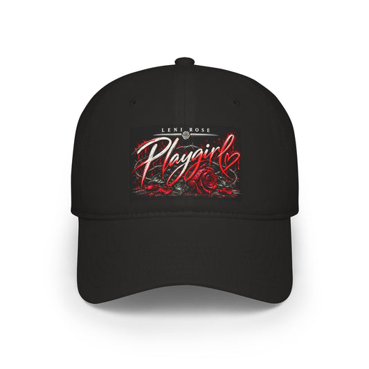 Playgirl Red Baseball Cap — Low Profile Hat with Rose Graphic