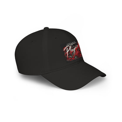 Playgirl Red Baseball Cap — Low Profile Hat with Rose Graphic