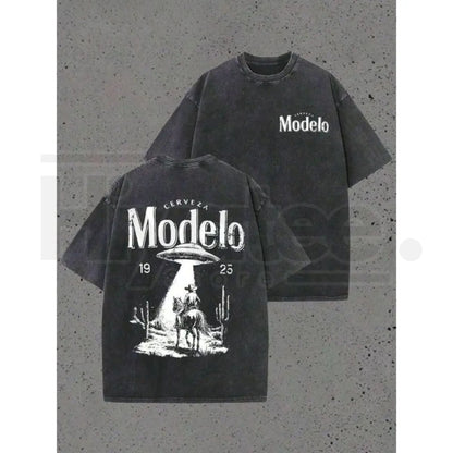 Modelo UFO Cowboy Vintage Washed T-Shirt – 230g Heavyweight Retro Streetwear