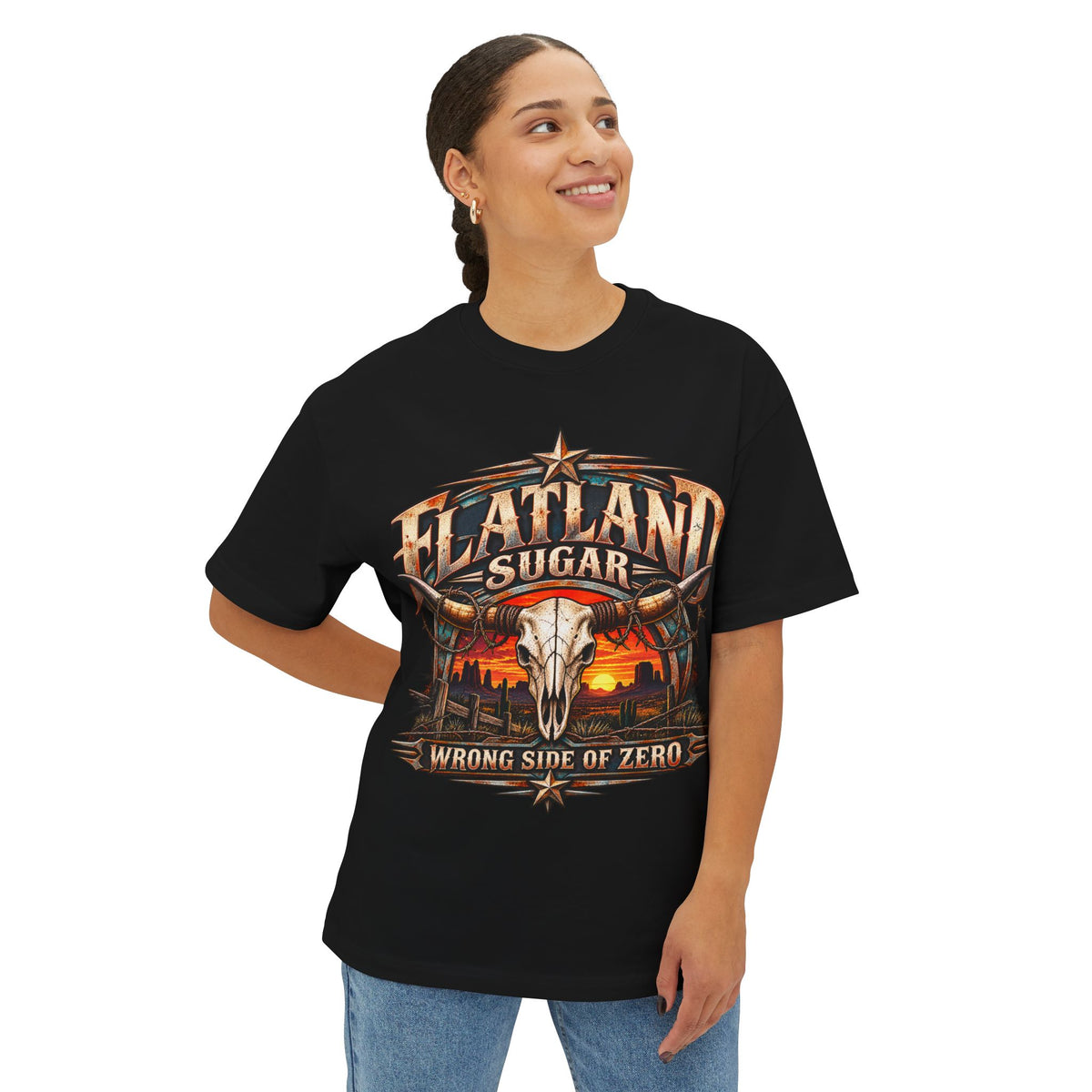 Flatland Sugar Graphic Tee — 'Wrong Side of Zero' Western Skull Sunset T-Shirt