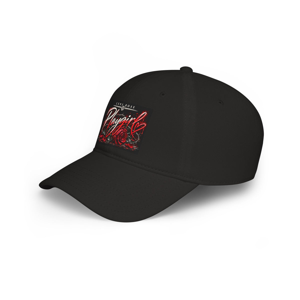Playgirl Red Baseball Cap — Low Profile Hat with Rose Graphic