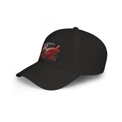 Playgirl Red Baseball Cap — Low Profile Hat with Rose Graphic