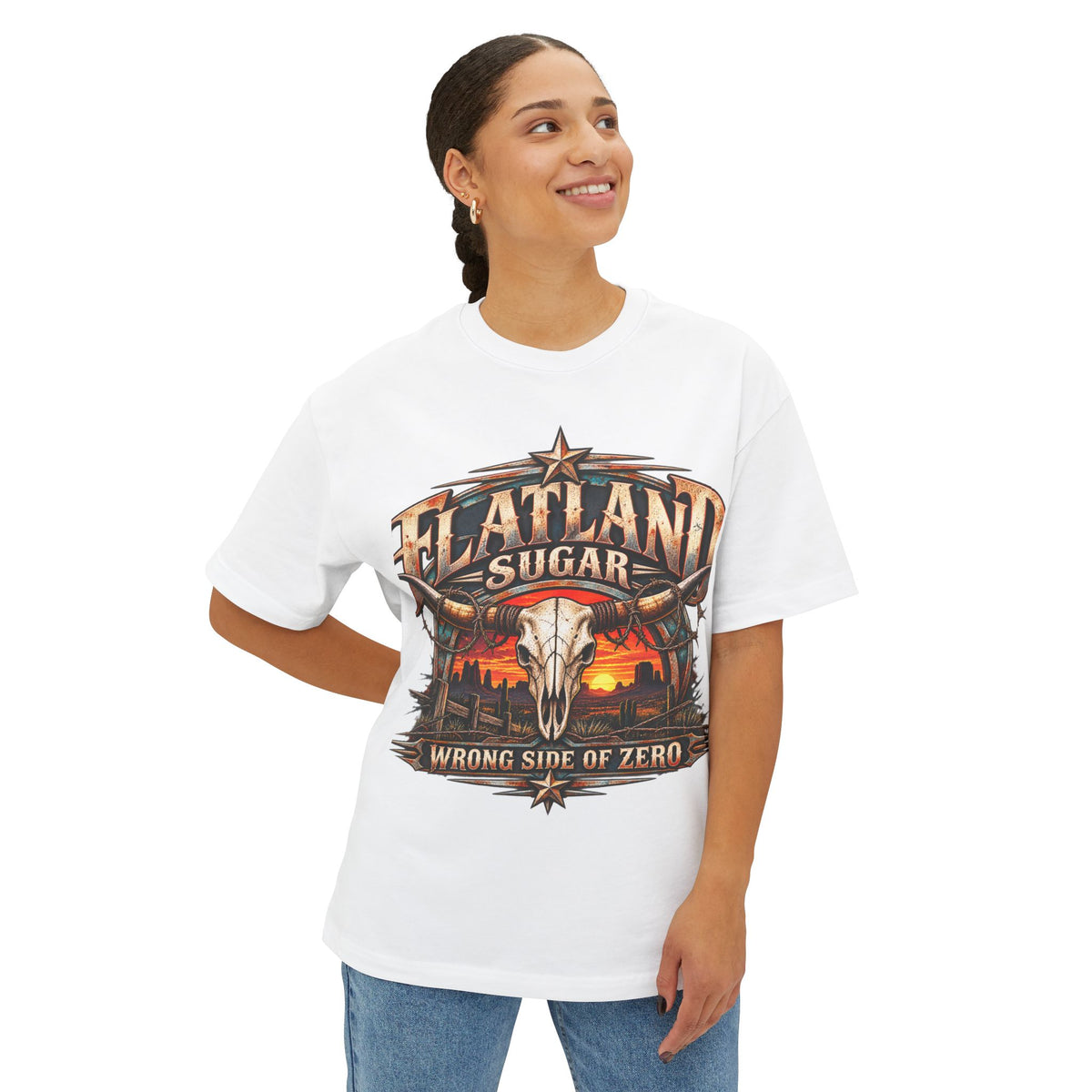 Flatland Sugar Graphic Tee — 'Wrong Side of Zero' Western Skull Sunset T-Shirt