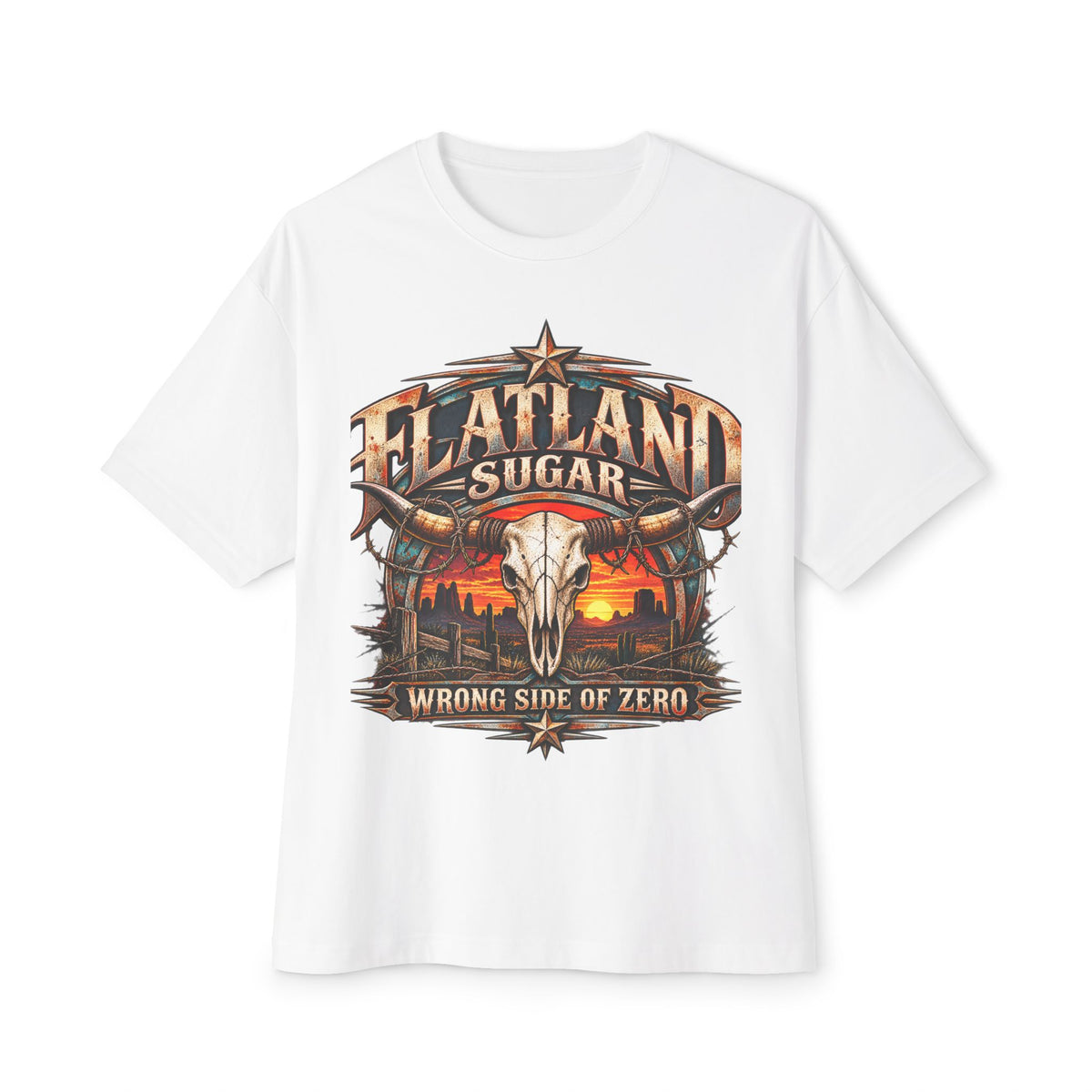 Flatland Sugar Graphic Tee — 'Wrong Side of Zero' Western Skull Sunset T-Shirt