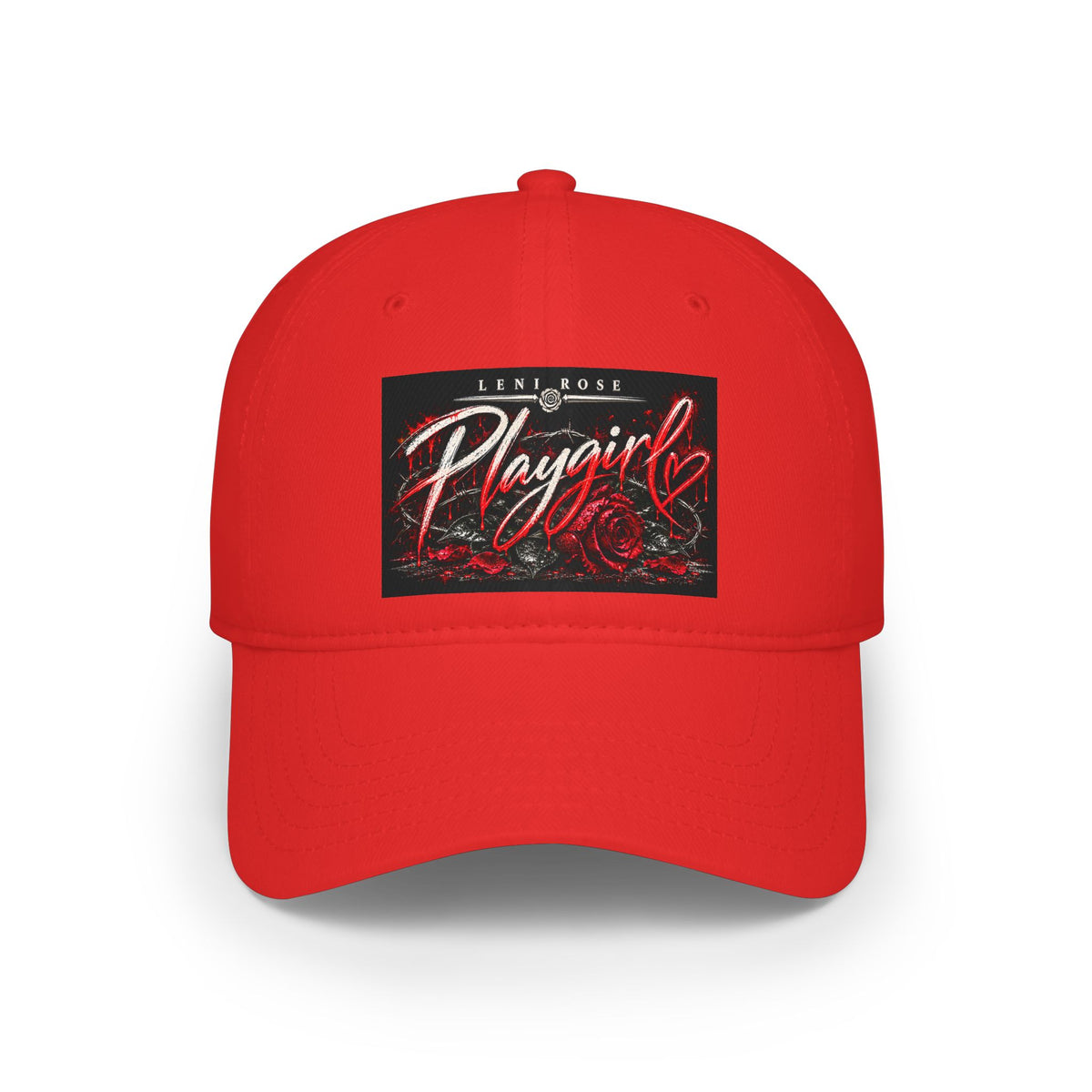 Playgirl Red Baseball Cap — Low Profile Hat with Rose Graphic
