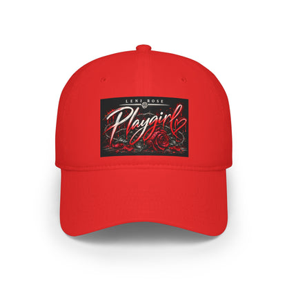 Playgirl Red Baseball Cap — Low Profile Hat with Rose Graphic