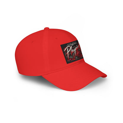 Playgirl Red Baseball Cap — Low Profile Hat with Rose Graphic
