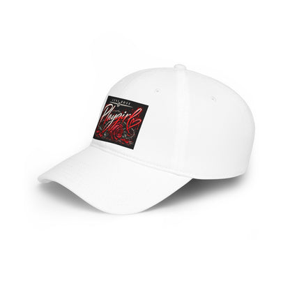 Playgirl Red Baseball Cap — Low Profile Hat with Rose Graphic