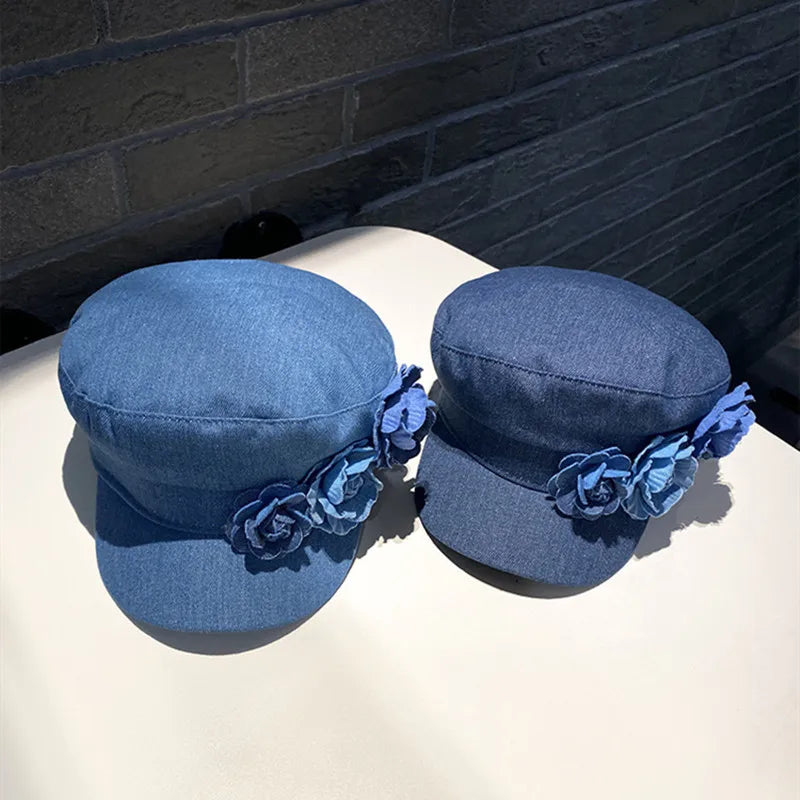 Vintage Floral Denim Newsboy Cap – Retro Flat Top Women's Streetwear