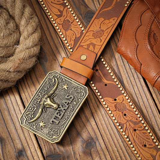 Flatland Sugar Western Cowboy Belt with Buckle – Embossed Rivet Streetwear
