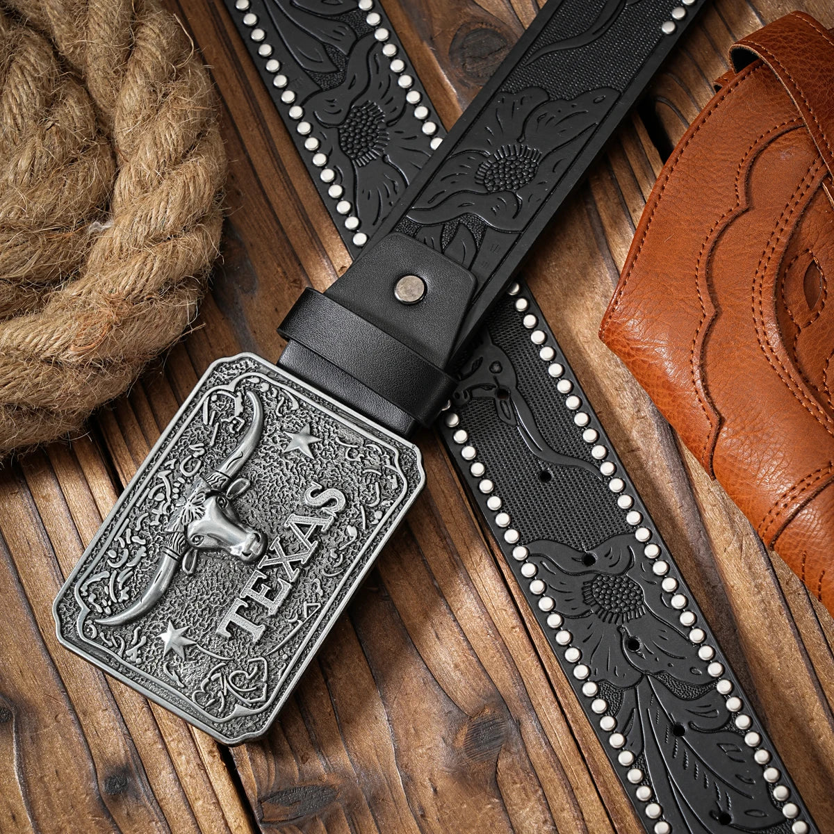 Flatland Sugar Western Cowboy Belt with Buckle – Embossed Rivet Streetwear
