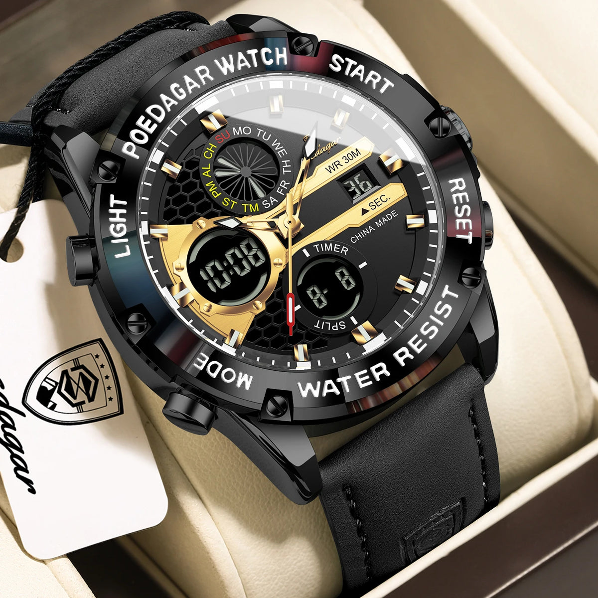 Men's Dual Time Display Digital Quartz Watch – Waterproof Leather Sport Wristwatch