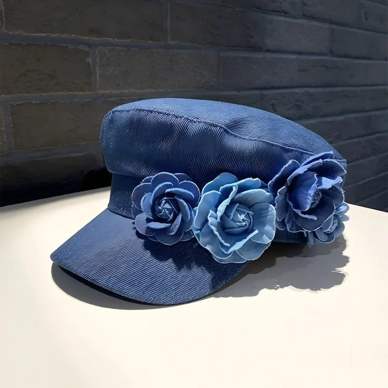 Vintage Floral Denim Newsboy Cap – Retro Flat Top Women's Streetwear
