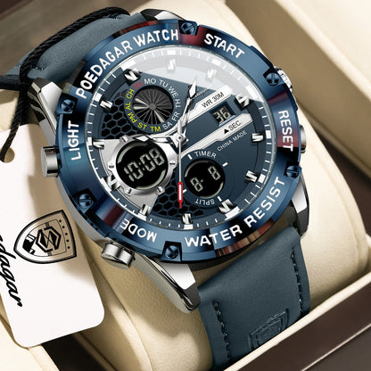 Men's Dual Time Display Digital Quartz Watch – Waterproof Leather Sport Wristwatch