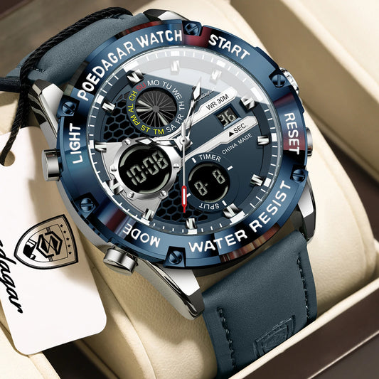 Men's Dual Time Display Digital Quartz Watch – Waterproof Leather Sport Wristwatch