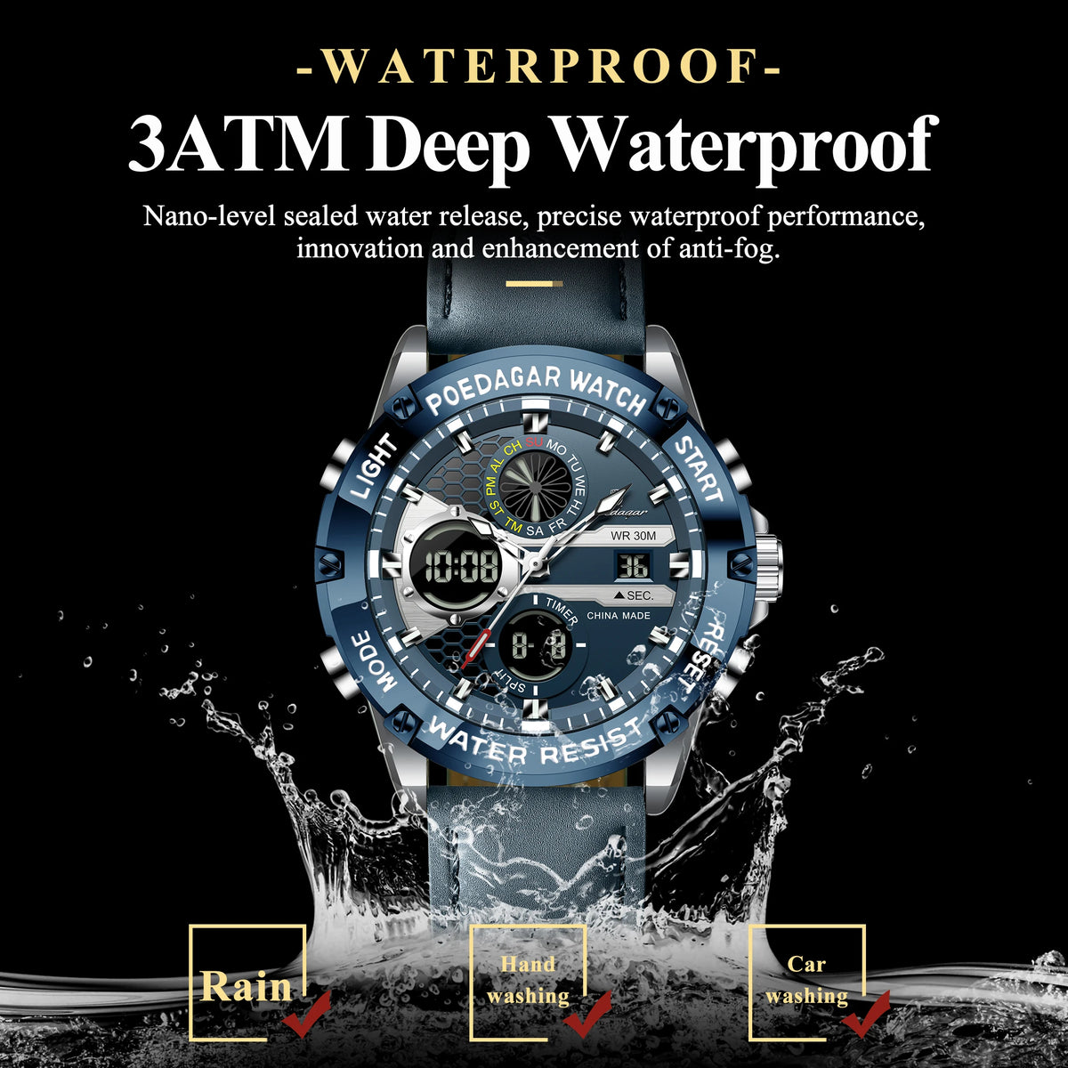 Men's Dual Time Display Digital Quartz Watch – Waterproof Leather Sport Wristwatch