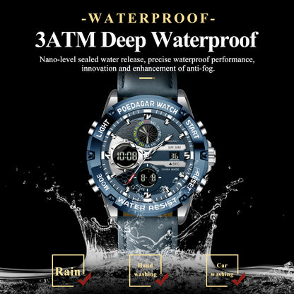 Men's Dual Time Display Digital Quartz Watch – Waterproof Leather Sport Wristwatch