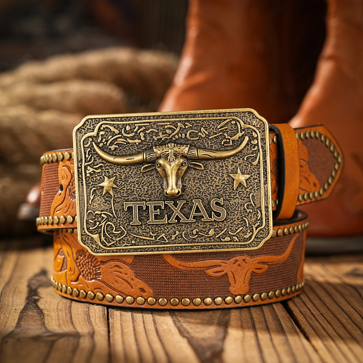 Flatland Sugar Western Cowboy Belt with Buckle – Embossed Rivet Streetwear