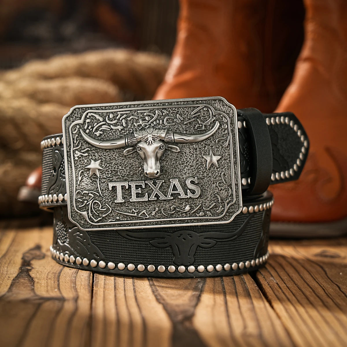Flatland Sugar Western Cowboy Belt with Buckle – Embossed Rivet Streetwear