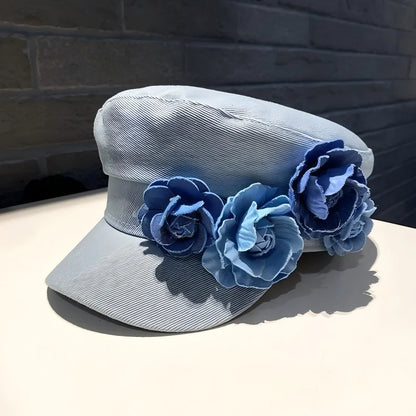 Vintage Floral Denim Newsboy Cap – Retro Flat Top Women's Streetwear