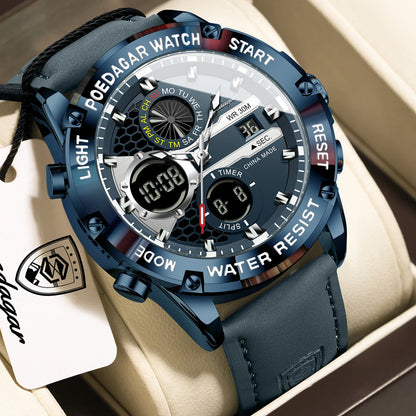 Men's Dual Time Display Digital Quartz Watch – Waterproof Leather Sport Wristwatch