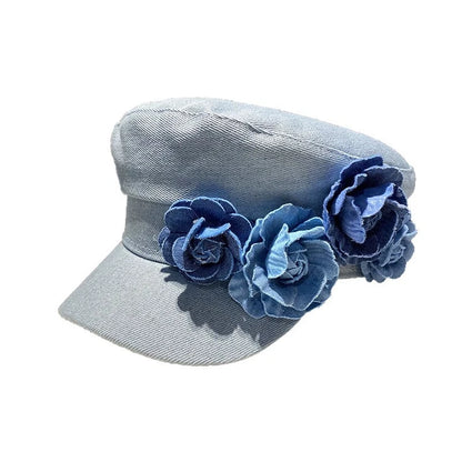 Vintage Floral Denim Newsboy Cap – Retro Flat Top Women's Streetwear