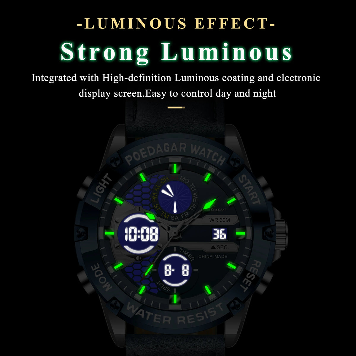 Men's Dual Time Display Digital Quartz Watch – Waterproof Leather Sport Wristwatch