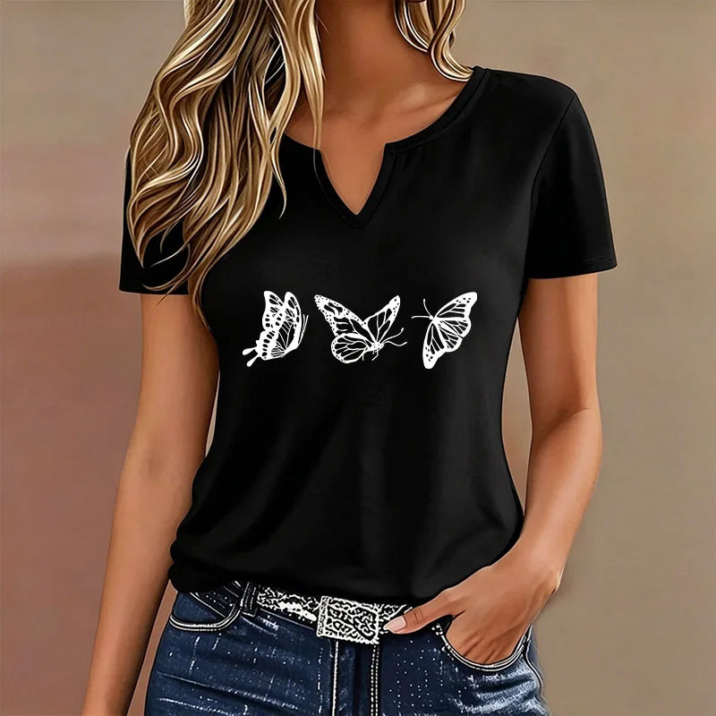 Retro Butterfly Graphic V-Neck Tee – Y2K Vintage Women's Streetwear