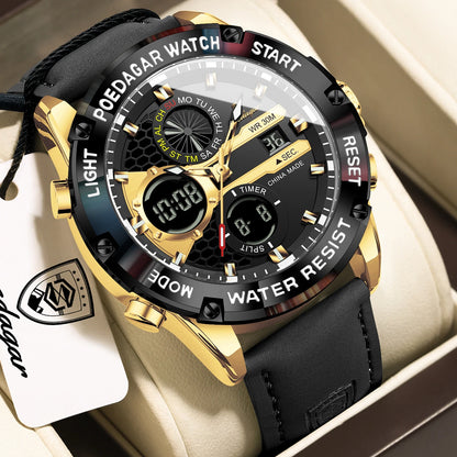Men's Dual Time Display Digital Quartz Watch – Waterproof Leather Sport Wristwatch