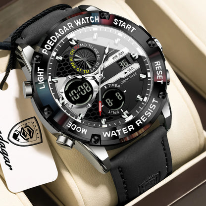 Men's Dual Time Display Digital Quartz Watch – Waterproof Leather Sport Wristwatch