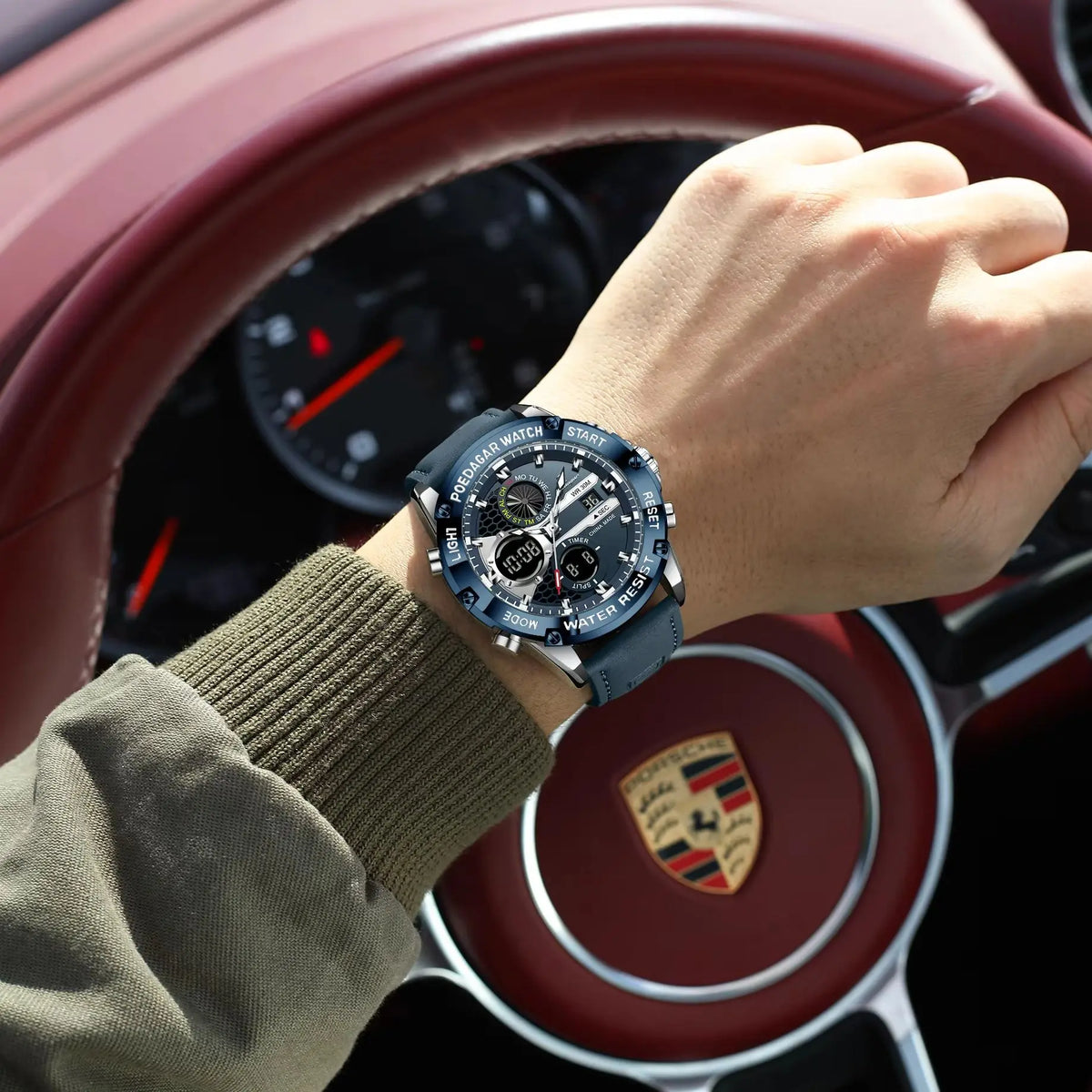 Men's Dual Time Display Digital Quartz Watch – Waterproof Leather Sport Wristwatch