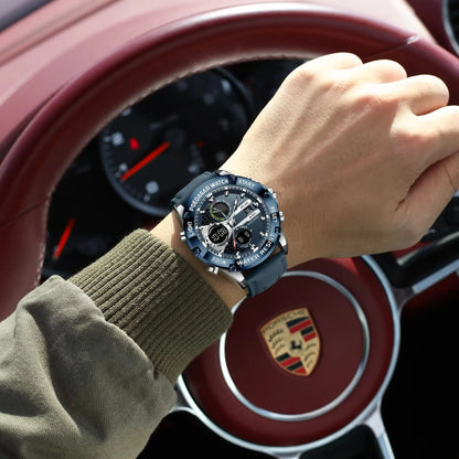 Men's Dual Time Display Digital Quartz Watch – Waterproof Leather Sport Wristwatch