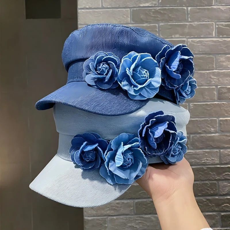 Vintage Floral Denim Newsboy Cap – Retro Flat Top Women's Streetwear