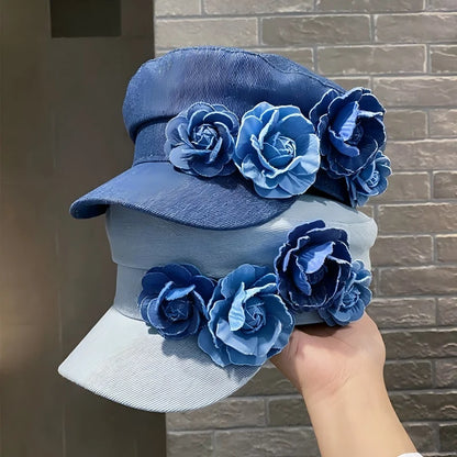 Vintage Floral Denim Newsboy Cap – Retro Flat Top Women's Streetwear