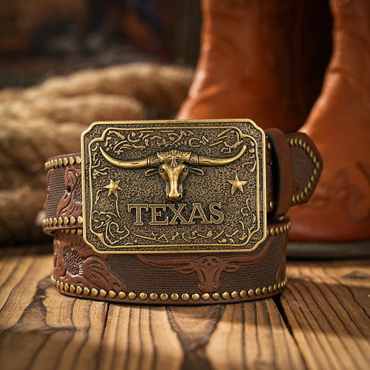 Flatland Sugar Western Cowboy Belt with Buckle – Embossed Rivet Streetwear