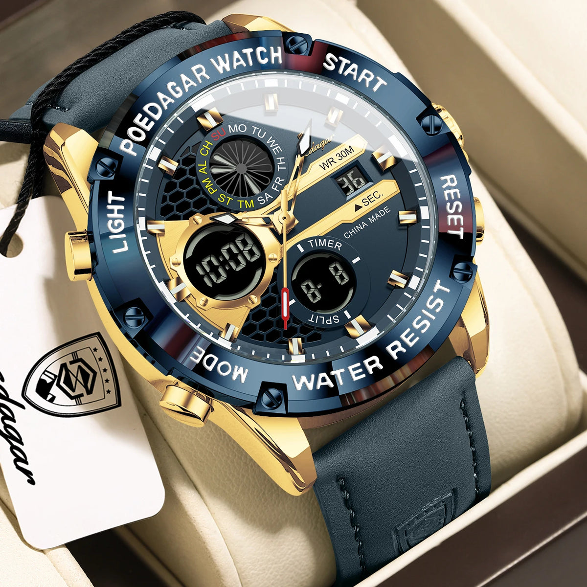 Men's Dual Time Display Digital Quartz Watch – Waterproof Leather Sport Wristwatch