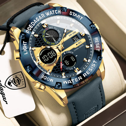 Men's Dual Time Display Digital Quartz Watch – Waterproof Leather Sport Wristwatch