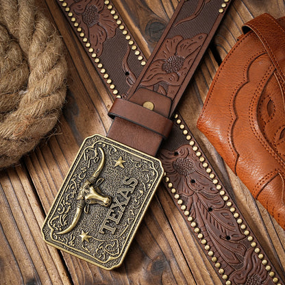 Flatland Sugar Western Cowboy Belt with Buckle – Embossed Rivet Streetwear