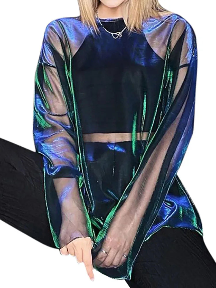 Women's See-Through Long Sleeve Top – Sheer Mesh Y2K Aesthetic Clubwear