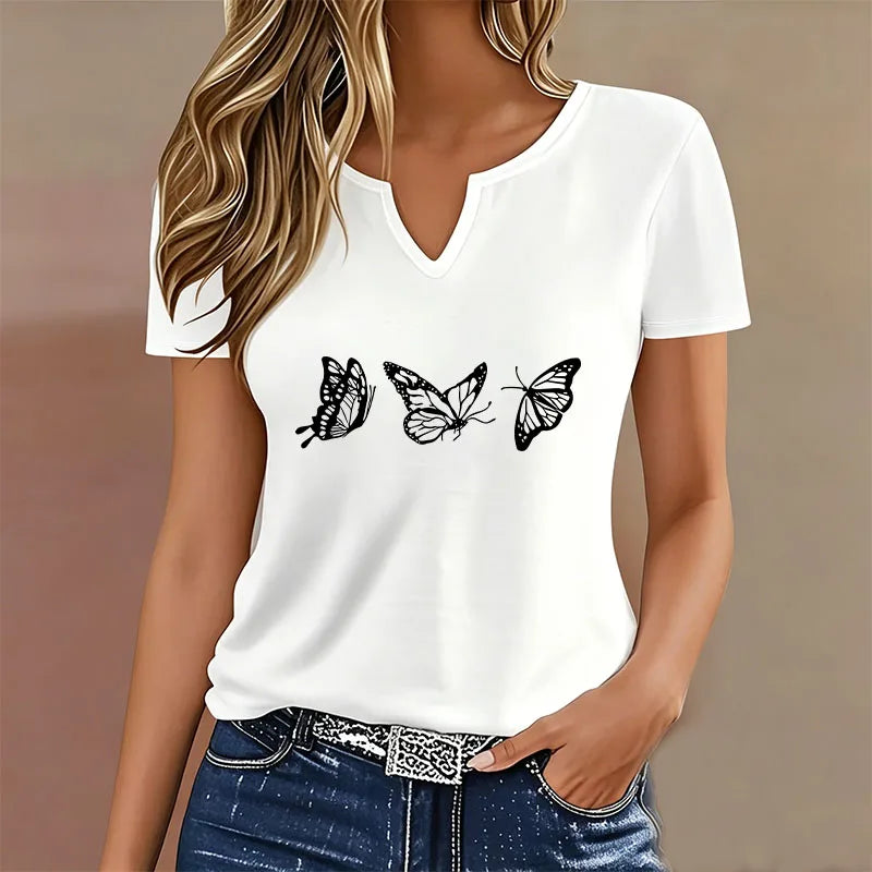 Retro Butterfly Graphic V-Neck Tee – Y2K Vintage Women's Streetwear
