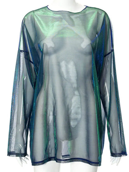 Women's See-Through Long Sleeve Top – Sheer Mesh Y2K Aesthetic Clubwear