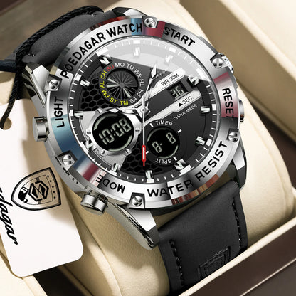 Men's Dual Time Display Digital Quartz Watch – Waterproof Leather Sport Wristwatch