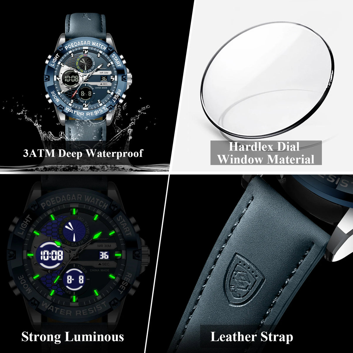 Men's Dual Time Display Digital Quartz Watch – Waterproof Leather Sport Wristwatch