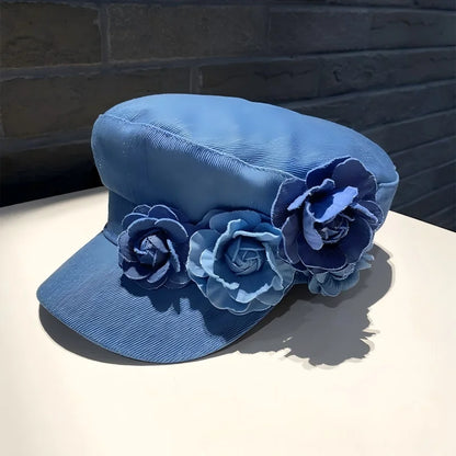 Vintage Floral Denim Newsboy Cap – Retro Flat Top Women's Streetwear