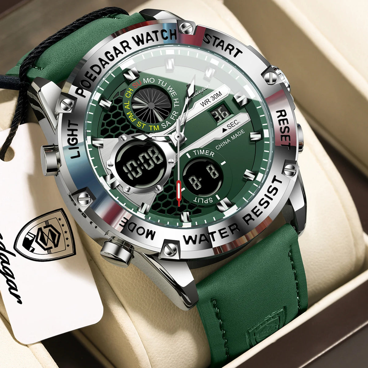 Men's Dual Time Display Digital Quartz Watch – Waterproof Leather Sport Wristwatch