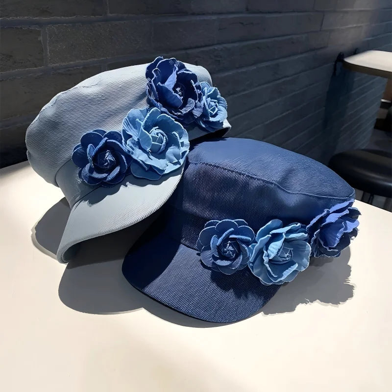 Vintage Floral Denim Newsboy Cap – Retro Flat Top Women's Streetwear
